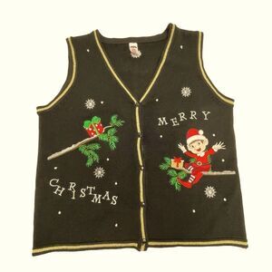 Holiday Time Christmas Sweater Vest Black Red Green Gold Metallic Size XL 16-18